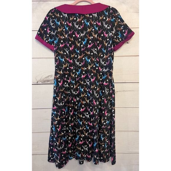 Lindy Bop Dress Women's Black Multi Color Deer Print V-Neck Short Sleeve Midi - Picture 6 of 6